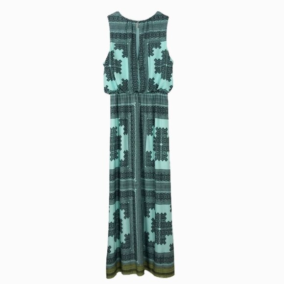 London Times Halter Maxi Dress Womens 12 Turquoise Black Geometric Print - Picture 12 of 14